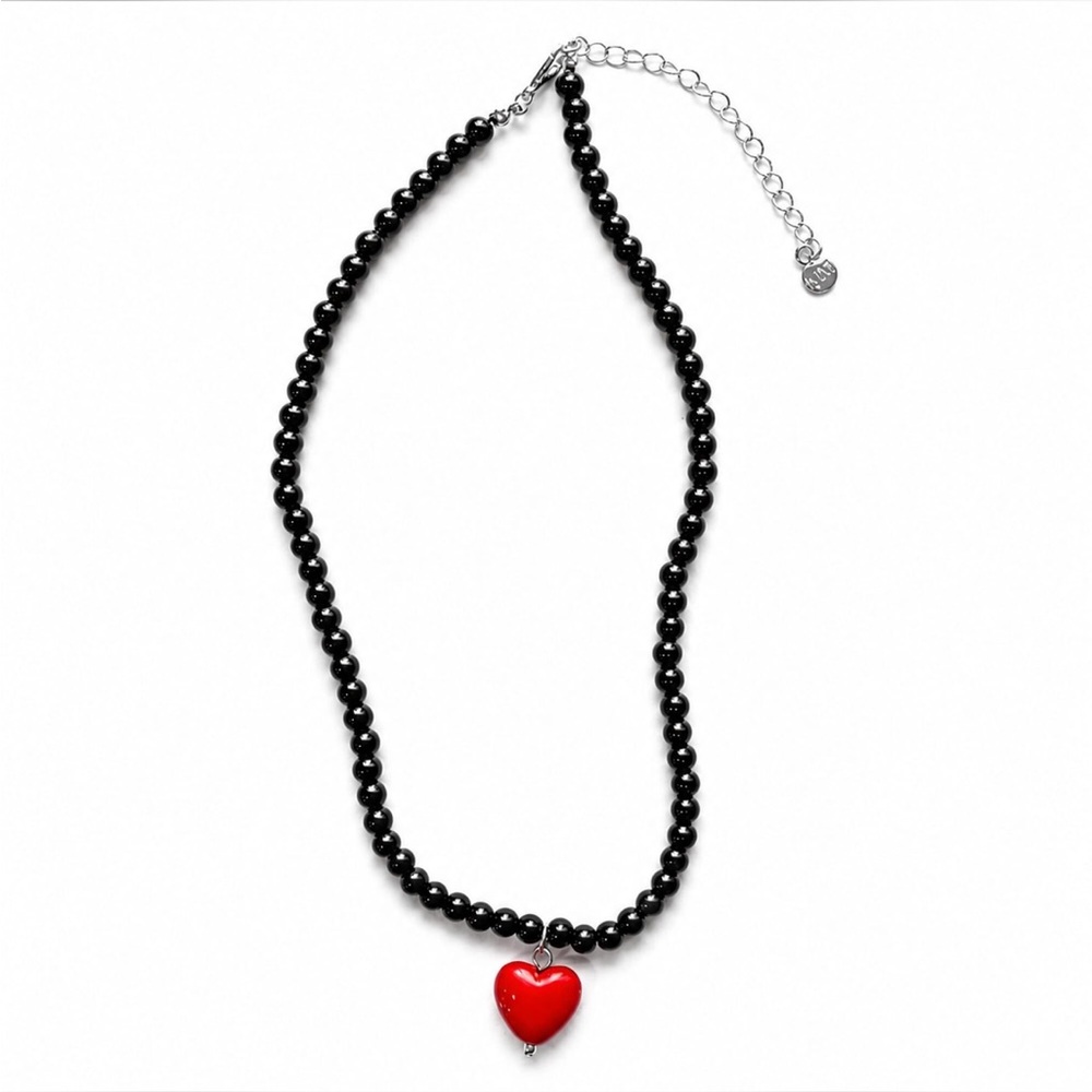 Red Heart Pendant Black Beaded Necklace